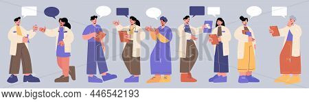 Doctors With Speech Bubbles, Medical Staff Advice, Concilium, Consultation. Hospital Healthcare Char