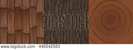 Wooden Textures For Game, Wood Roof Overlap With Nails, Tree Bark And Age Circles Cut Cartoon Tiles 