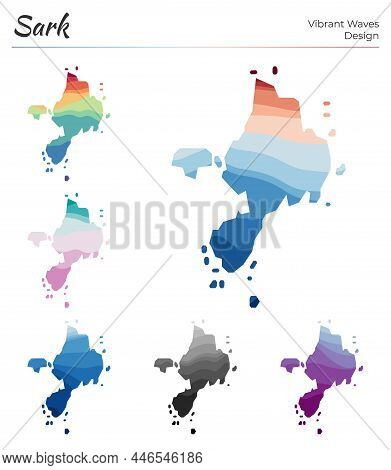 Set Of Vector Maps Of Sark. Vibrant Waves Design. Bright Map Of Island In Geometric Smooth Curves St