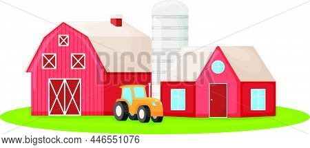 Country House With Red Barn, Farmer Tractor And Granary Building On Green Farm Field Plot Cartoon Ve