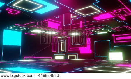 3d Render. Abstract Interior Sci-fi Spaceship Corridor With Blue Neon Glowing Tube Lights Reflection