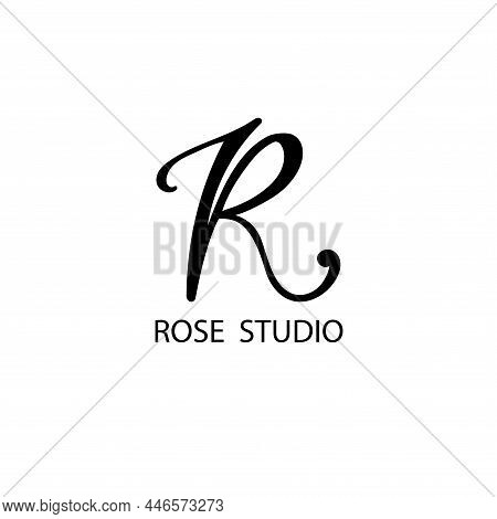 Rose Studio. Black  Letter R Handwritten Logo. Stylish Logotype For The Beauty Business, Spa, Nail S