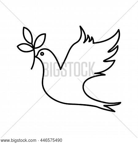 Dove Of Peace Flying With A Green Twig Olive Outline. Peace Concept. Flat Vector Stock Illustration.