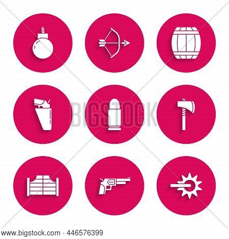 Set Bullet, Revolver Gun, Spur, Tomahawk Axe, Saloon Door, In Holster, Gun Powder Barrel And Bomb Re