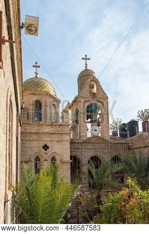 Jericho, Israel, December 30, 2021 : View From The Yard To The Bell Tower In The Monastery Deir Hijl