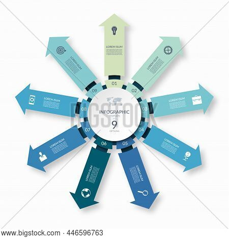 Infographic Circle With 9 Arrows Pointing From The Center. 9-step Vector Template For Business Infog