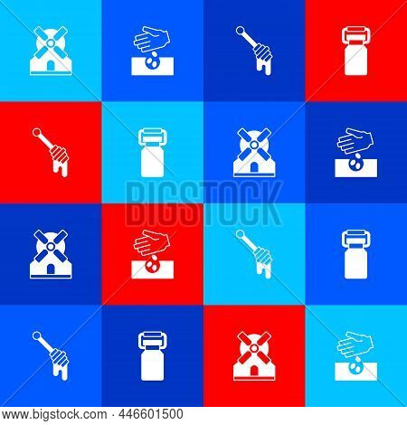 Set Windmill, Seeds, Honey Dipper Stick And Can Container For Milk Icon. Vector