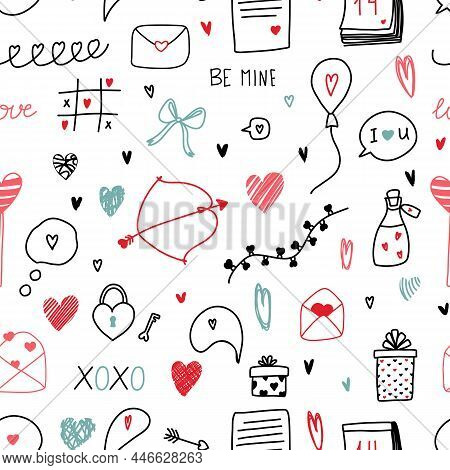 Colorful Seamless Pattern With Love Hand Drawn Doodles For St.valentine S Day With Hearts, Bow, Arro