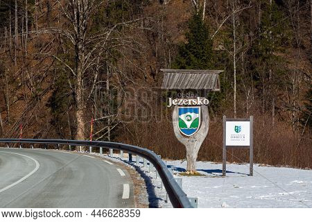 Jezersko, Slovenia, 11 January 2022: Welcome Sign To Zgornje Jezersko In Winter.