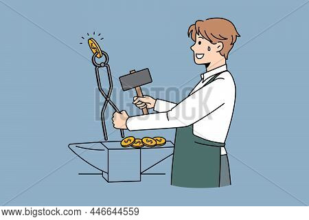 Making Money And Financial Success Concept. Young Smiling Businessman Standing And Striking Golden C