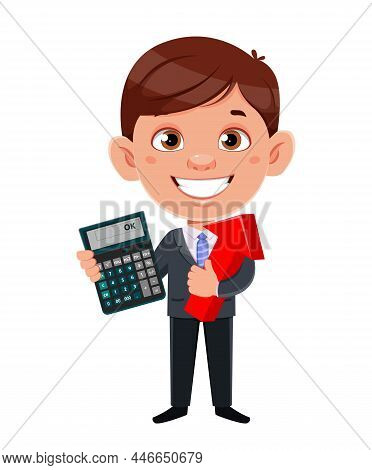 Handsome Business Man Cartoon Character. Funny Businessman Holding Calculator. Stock Vector Illustra