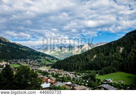 Sunset On The Grand-bornand Village And The Aravis Mountain Range, France