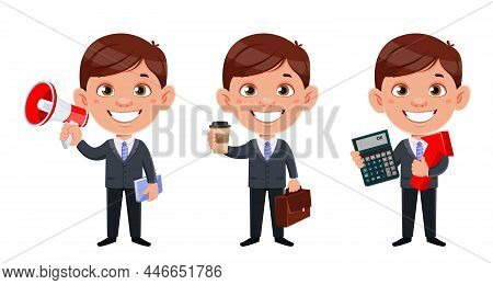 Handsome Business Man Cartoon Character. Funny Businessman, Set Of Three Poses. Stock Vector Illustr
