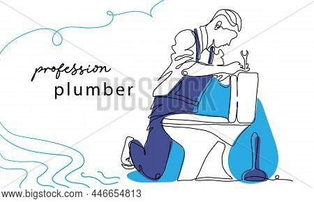 Plumber Man Fixes Toilet. One Continuous Line Art Vector Drawing. Illustration Of Plumber Man With P