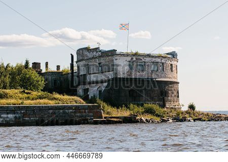 View From The Water Of The Oldest Fort Kronshlot And The Lower Sash Lighthouse In The Waters Of The
