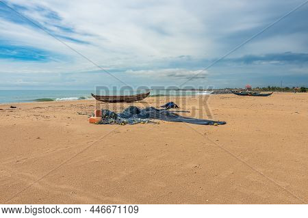 Fishing Boat And Fishing Net On The Beach Waiting For The Next Fishing Trip In Keta Ghana West Afric