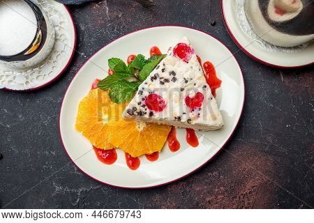 Homemade Ice Cream Cassata Top View On Dark Stone Table