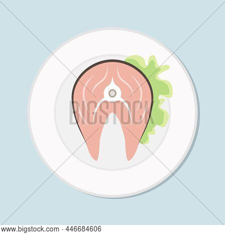 Salmon Steak Gourmet Plate. Red Fish Fillet Slice. Fresh Fish Meat. Vector Graphic Illustration. Hea