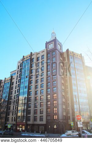 Modern Urban Architecture, Rows Of Windows Reflecting The Sky. The Concept Of Building New Cities, S