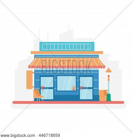 Vector Illustrations Of Commercial Buildings On City Street. Local Business Concept