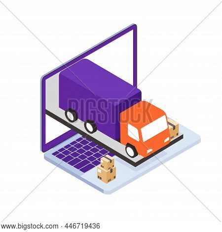Delivery Express By Truck On Computer Laptop. Online Order And Package In E-commerce By Website. Iso