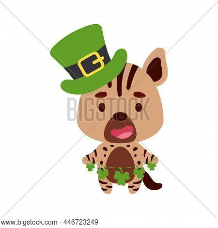 Cute Hyena In St. Patrick's Day Leprechaun Hat Holds Shamrocks. Irish Holiday Folklore Theme. Cartoo