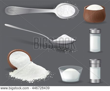 Salt Realistic Set Of Isolated Icons Piles Of Edible Salt Of Different Fracture With Salt Cellars. 3