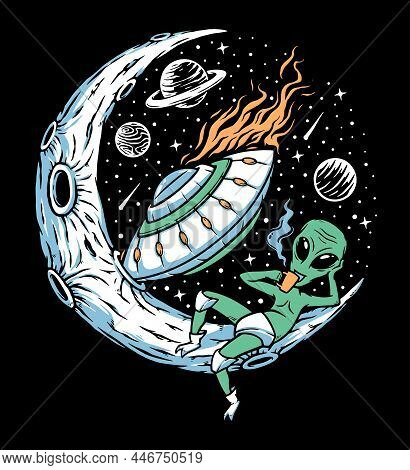 Alien Stranded On The Moon Illustration Hand Drawn
