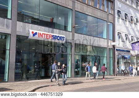 Gothenburg, Sweden - August 26, 2018: People Visit Intersport Sporting Goods Store In Gothenburg, Sw