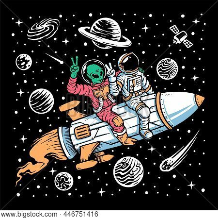Astronaut And Alien Ride On Rockets Illustration