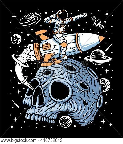 Astronaut Leave Planet Skull With Rocket Illustration