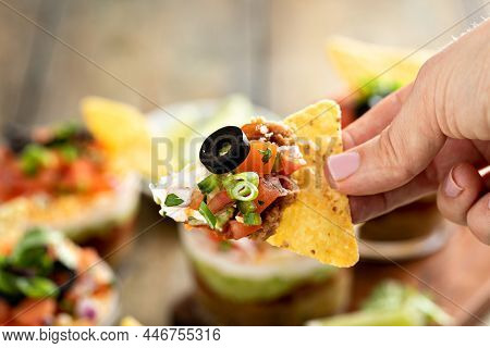 Seven Layer Dip In Individual Cups, Mexican Appetizer
