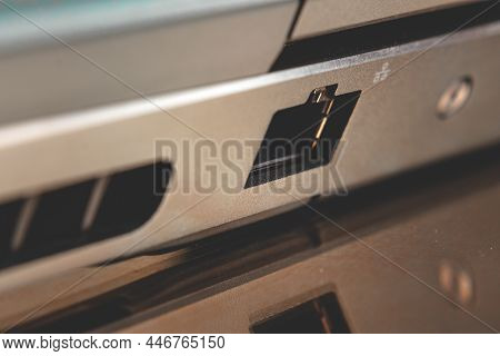 Macro Shot Of An Ethernet Port On The Back Of A Laptop