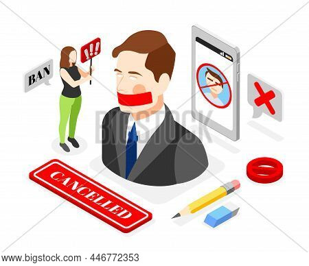 Cancel Culture Isometric Composition With Smartphone Eraser Cancelled Human Character With Sticky Ta