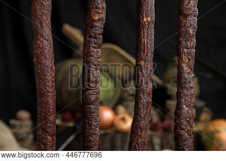 Smoked, Aged Sausages Hanging In The Kitchen
