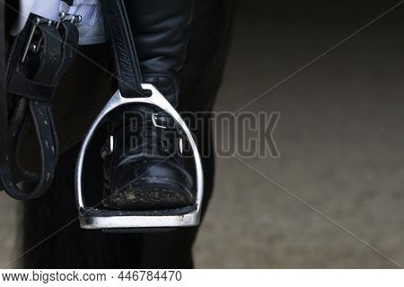 Close Up Etail Of A Stirrup And Boot In Dressage Competition