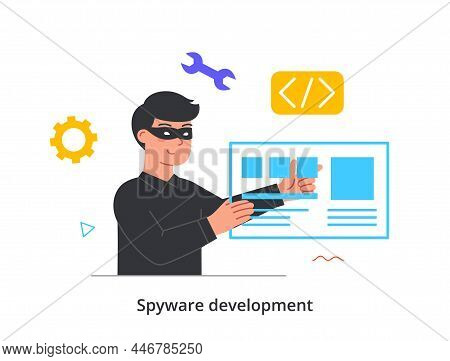 Spyware Development Concept. Criminal In Mask Developing Program To Hack Database, Steal Personal In
