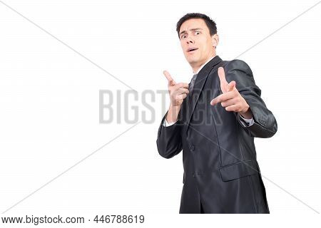 Crazy Man In Suit Pointing At Camera