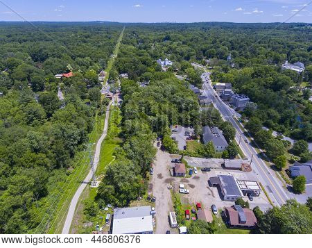 Wayland Historic Town Center Aerial View In Summer At Boston Post Road And Ma Route 27, Including Fi