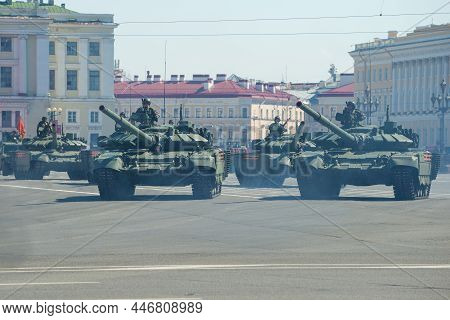 St. Petersburg, Russia - June 24 29, 2020: Russian Tanks Of T-72b3 On The Palace Square. Fragment Of