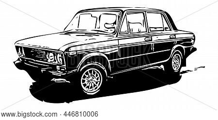 Old Car Vaz Lada 2106 Silhouette. Outline Drawing Of Old Sedan Auto. Moscow, Russia - January 2022