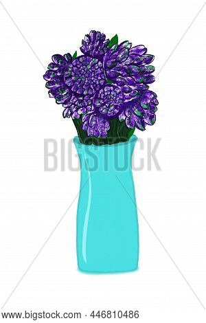 Beautiful Asters Bouquet In Blue Ceramic Vase On White Background.