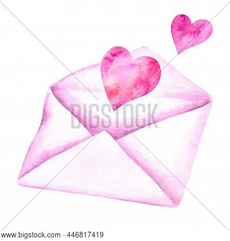 Pink Hearts Watercolor Hand Drawn Illustration For Greeting Cards, Invitations, Valentines Cards, Is