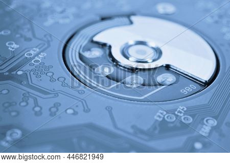 Printed Circuit Board Pcb Hard Drive. Fragment Of Printed Wiring Board Pwb Close Up. Conductive Patt