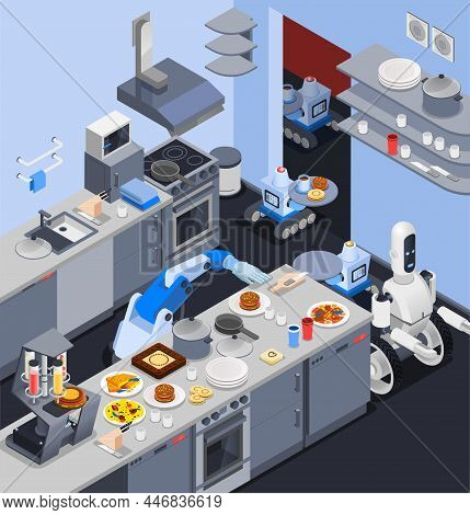 Robot Isometric Professions Composition With Robotic Manipulator Cook And Waiters Serving Food In Re