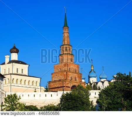 Kazan Kremlin In Summer, Tatarstan, Russia. It Is Top Tourist Attraction Of Kazan. View Of White For
