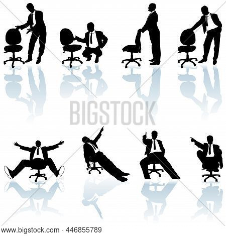 Set Of Eight Silhouettes With Businessman And Office Chair With Reflections On The Ground - Black Il