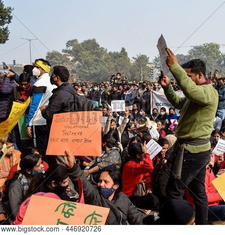 New Delhi, India December 25 2021 : Delhi Contractual Guest Teachers With Posters, Flags And Graffit