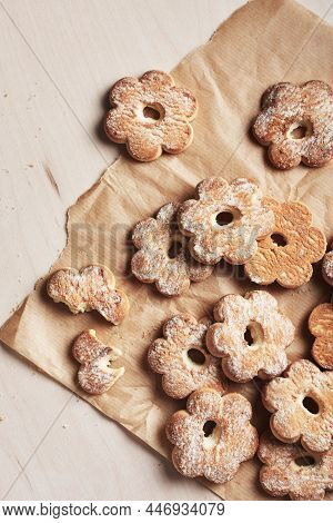 Butter Shortbread Cookies On A Wooden Surface, Top View.