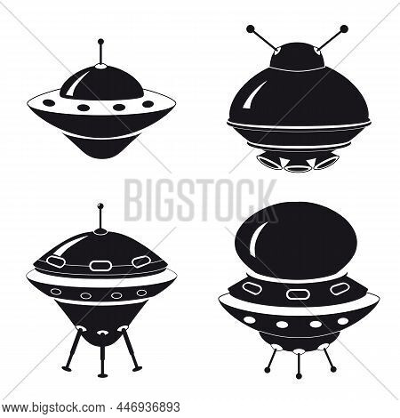 Ufo Icon Set, Spacecraft Of Alien. Vector Flat Black Color Style
